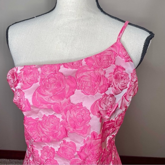 Lulus Flowery Fete Pink Floral Jacquard One Shoulder Mini Dress Large L Party - Picture 4 of 11